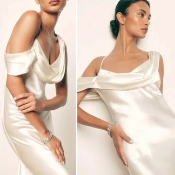 Reformation X Ronda Silk Maxi Dress One Shoulder Ivory Sz 8 NWT - Picture 2 of 9